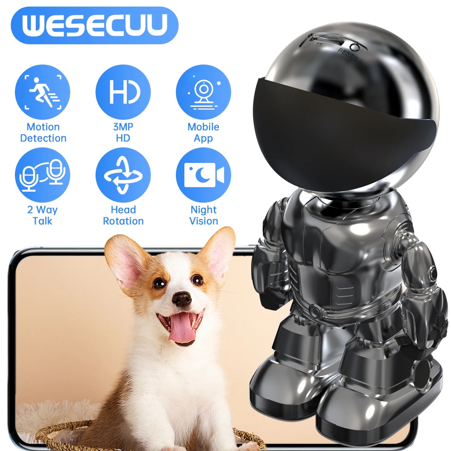WESECUU 1080 HD Robot Camera WiFi 3MP Indoor Security Cam