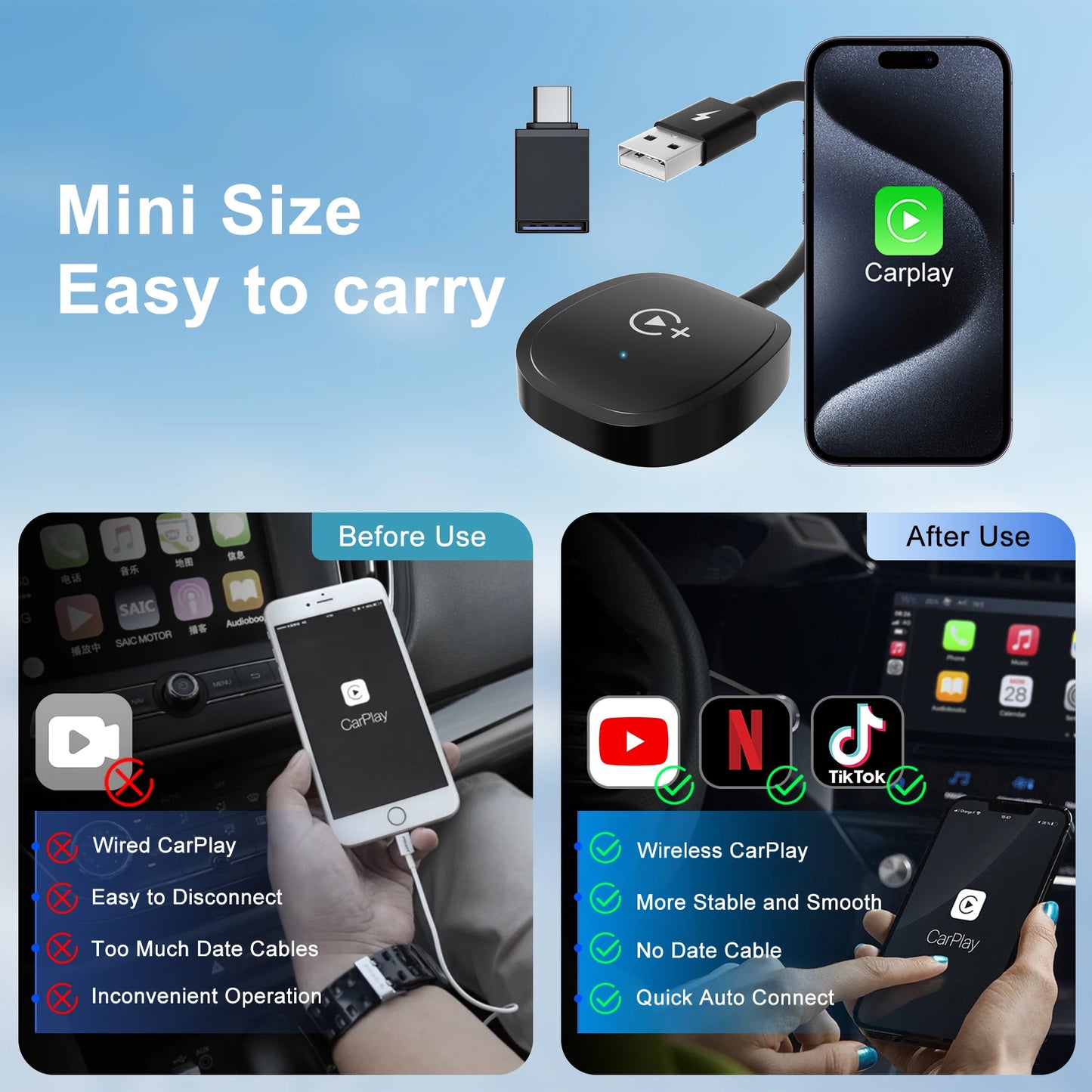 Wireless CarPlay Video Adapter – Netflix, YouTube & TikTok